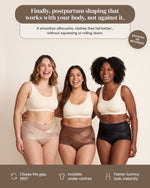 Three moms wearing the Postpartum Cross-Band Sculpting Brief in nude, coffee and black
