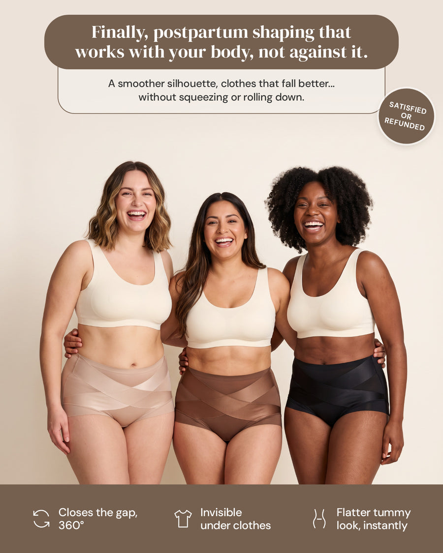 Three moms wearing the Postpartum Cross-Band Sculpting Brief in nude, coffee and black