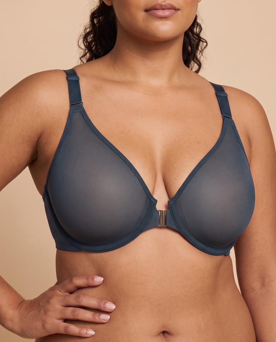 Front Closure Mesh Support Bra in Dark Blue